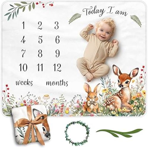 Baby Milestone Blanket, White 40x50 Soft Plush Monthly Photo Blanket with Woodland Animals, 2 Markers, Gift Ready with Bow, Weeks & Months Age Tracker, Newborn Keepsake