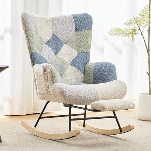 ETCZOYE Nursery Rocking Chair Teddy Upholstered Glider Rocker with Footrest Accent Chair with High Backrest Armchair Comfy Side Pocket Chair for Living Room, Bedroom, Offices (Large Spliced Blue)