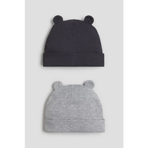 2-pack Ribbed Beanies with Ears, Dark gray/light gray melange