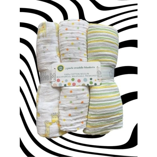 Little Me 3-Pack Muslin Swaddle Blankets - Green, White, Yellow