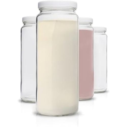 All About Juicing Glass Bottles Set - 32 oz Jars, 4 Pack Wide Mouth with Lids for Juice, Smoothies, Water, Milks, Beverage Storage - Large Jug, Clear, Durable, Reusable, Dishwasher Safe, Leak Proof