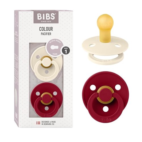 BIBS Colour Baby Pacifier 2-Pack | Made in Denmark | BPA Free Dummy Soother, Round Nipple. Natural Rubber Latex, Size 1 (0-6 Months), Ivory/Ruby