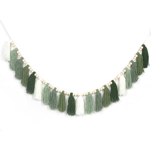 Green Boho Yarn Tassel Garland Sage Green Garland Wall Hanging Decor Forest Woodland Tassel Banner with Beads for Nursery Classroom Office Birthday Party Kids Room Baby Shower Decoration