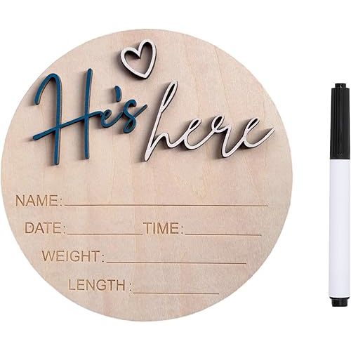 Baby Announcement Sign, ​5.9 Inch Wooden Hello World Newborn Signs, Birth Announcement Sign, Gender Reveal Signs, He's here Decoration, Welcome Newborn Arrival To World (He's,Deep Sea Blue)