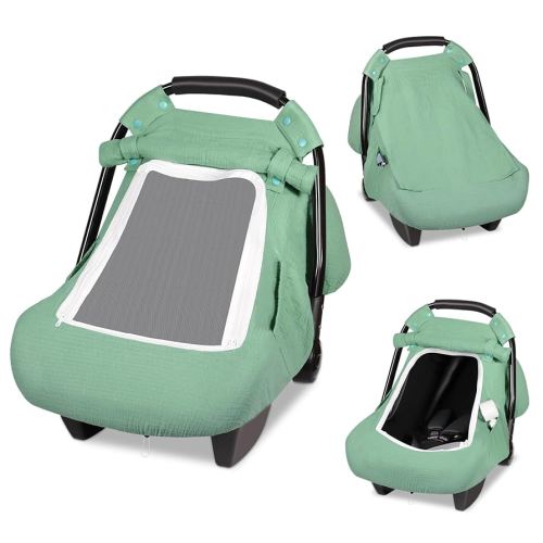Summer Car Seat Cover Baby Boy, 100% Muslin Infant Car Seat Canopy Cover with Two Pockets for Baby Essentials, Breathable Cover for Boys Girls with Large Mesh Window