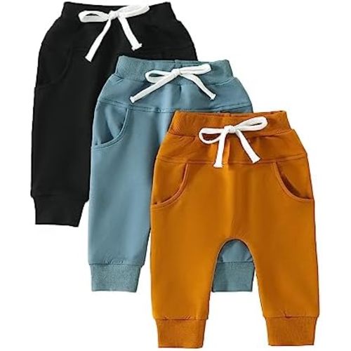 Toddler Baby Boys Girls Sweatpants 3 Pack Solid Color Elastic Waist Bottom Pants Newborn Infant Trousers
