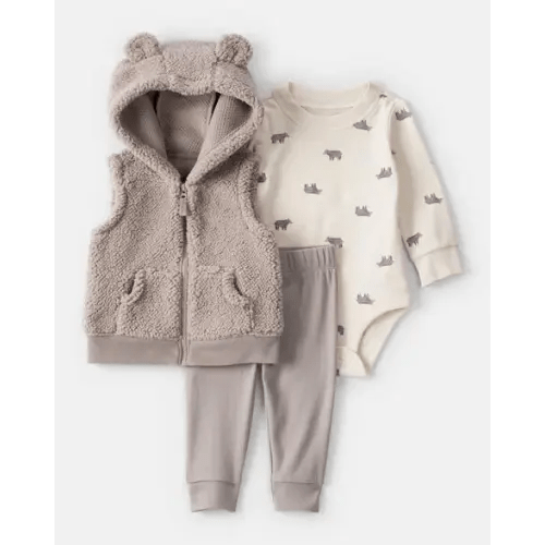 Baby Boy 3-Piece Bear Print Sleeveless Jacket, Bodysuit & Pant Set - Tan/Ivory | Carter's
