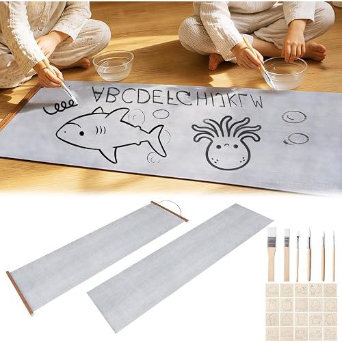5 Pcs Water Drawing Writing Canvas Set: 2 Magic Canvas Paint with Water 15x55 inch with Magnetic Frames, 5 Water pens, and Painting Templates