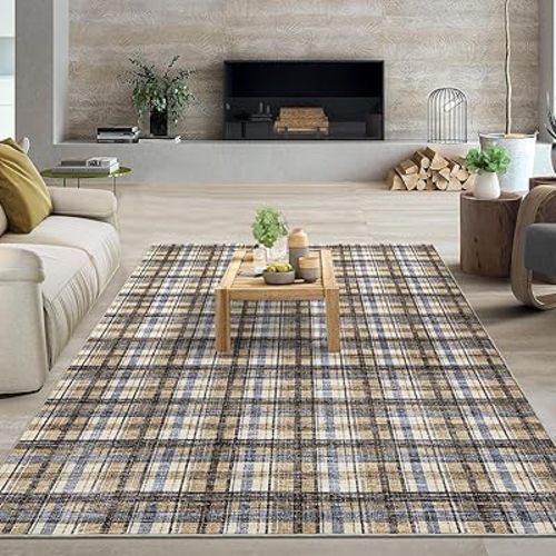 Washable Rug 9x12 Rugs for Living Room Modern Bedroom Rug Large Area Rug Non Slip Throw Rugs Soft Low Pile Stain Resistant Carpet for Classroom Dining Room 8'x10' Blue&Camel