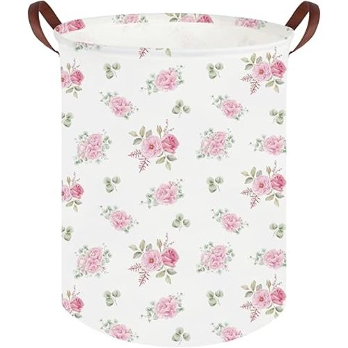 Pink Flower Laundry Basket,Nursery Baskets Girl Baby Storage Bins,Baby Girls Nursery Hamper,Waterproof foldable laundry basket,Gift Baskets,Pink Rose room Decor(Pink Rose)