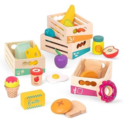 B. toys- Little Foodie Groups- Pretend Play Wooden Play Food – Food Group Crates – 24 Play Kitchen Accessories – Educational Toys for Kids – 3 Years +