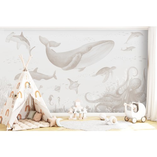 Wallpaper Whale Turtle Dolphin Octopus Beige Neutral Baby Nursery, Ocean Animals Pastel Wallpaper Toddler Bedroom, Sea Life Wall Kids Mural