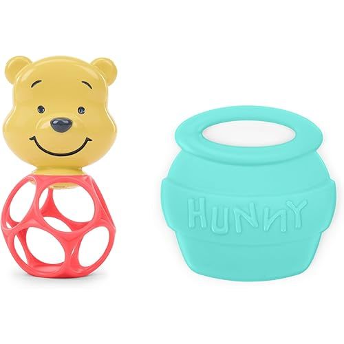 Disney Baby Winnie The Pooh Hunny & Shake Rattle & Teether by Bright Starts, Stroller Toy for On The Go, Newborns & Up