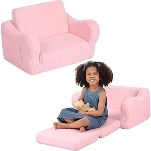 Comfy Toddler Chair, 2-in-1 Toddler Couch Fold Out, Convertible Sherpa Sofa to Lounger for Boys & Girls, Pink