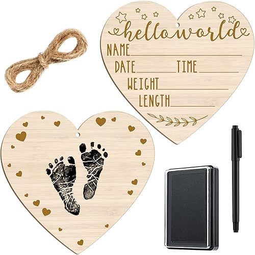 Thyle Baby Announcement Wooden Name Sign for Hospital Birth Double Sided Newborn Welcome Sign with Marker Pen and Ink Pad for Baby Shower Hand Footprints(Heart)
