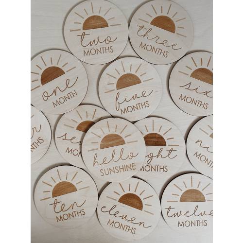 Hello sunshine Baby Milestone Discs, Wooden Milestone Discs, 13 discs from one month - twelve months and ‘hello sunshine’ disc