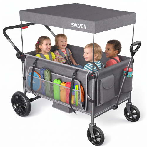 SACVON Stroller Wagon for 4 Kids with 5-Point Harnesses,Detachable Seats Stroller Wagon 4 Seater for Garden,Removable Canopy,Adjustable Handles,Camping Trips,Gray