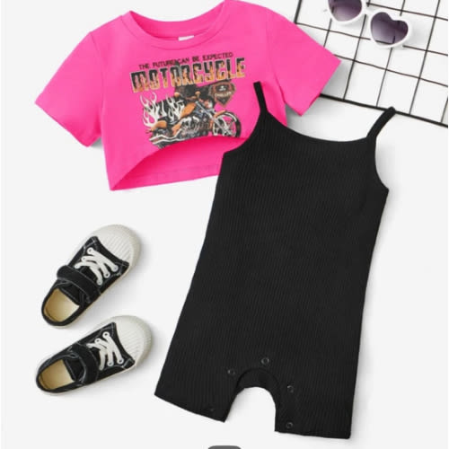 SHEIN Baby Girl Motorcycle & Letter Graphic High Low Hem Tee & Cami Romper