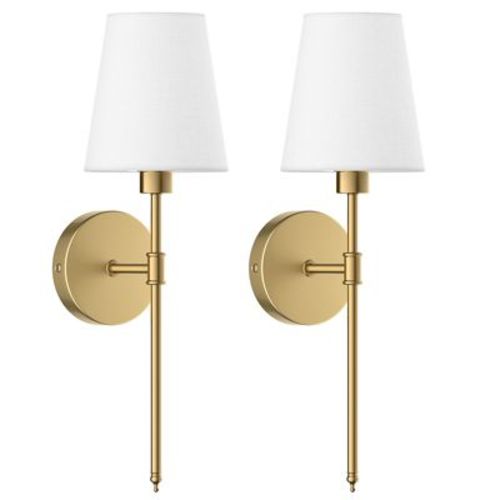 SUGIFT Set of 2 Brushed Gold Wall Sconces with Elegant White Shades