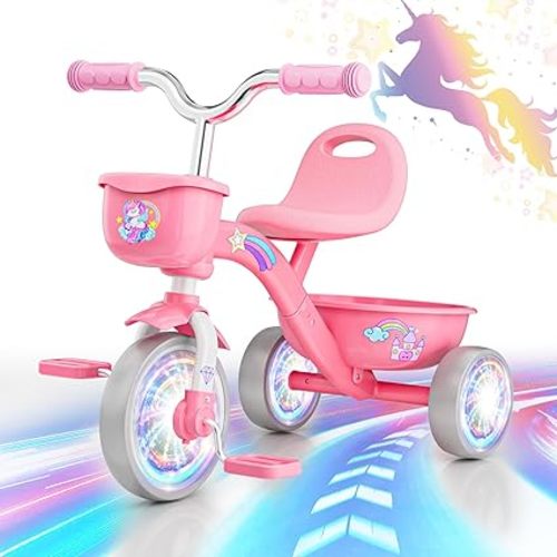 Tricycle for Toddlers 1-3 3-5 Year Olds, Unicorn Toddler Bike Baby Balance Bike with Colorful Lighting Wheels & Large Basket, Birthday Gift and Toy for 1 2 3 4 5 Year Olds Girls