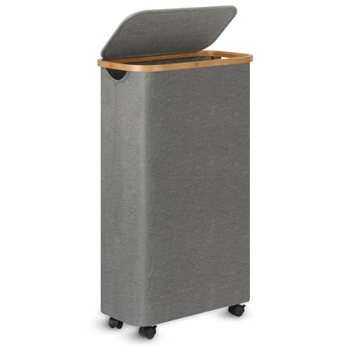 Slim Laundry Basket with Wheels,Narrow Hampers for Laundry, Laundry Hamper with Lid&Bamboo Handles,Dirty Clothes Hamper for for Bathroom Bedroom Dorm, 60L Grey