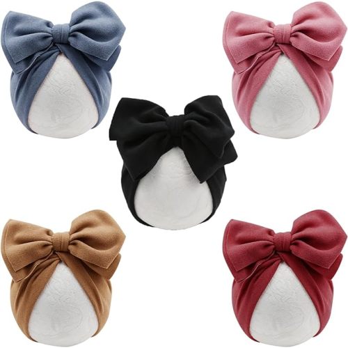 DRESHOW BQUBO 5 PCS Baby Cotton Hats Big Bow Knotted Headwrap Turban Baby Infant Beanie Baby Girl Soft Toddler Cap for Winter