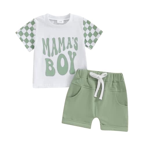 FOCUSNORM Toddler Boys Summer Outfits Mamas Boy Checkerboard Short Sleeve T-Shirts Tops and Elastic Waist Shorts Clothes Sets