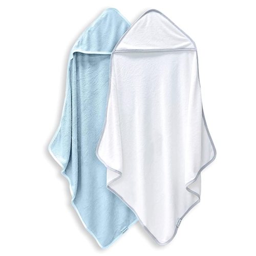 2 Pack Baby Bath Towel - Rayon Made from Bamboo, Ultra Soft Hooded Towels for Babies,Toddler,Infant - Newborn Essential -Perfect Baby Registry Gifts for Boy Girl - Blue and White - White and Blue - 30x30 Inch (Pack of 2)