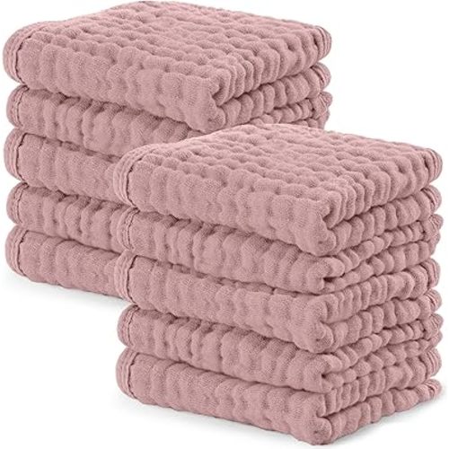 Comfy Cubs Muslin Baby Washcloths 10 Pack - Soft 6-Layer Cotton Wash Cloths for Sensitive Skin - 10"x10" Large, Gentle, Absorbent Infant Essentials for Newborn and Toddlers - Mauve