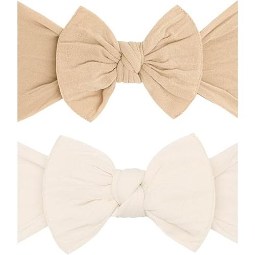 Baby Bling Bows - Newborn to Little Baby Girl Bows, 2 Pack Nylon Super Soft Stretchy Knot Toddler Headbands, Perfect Hair Accessories Head Bands for Infant Kids (Fawn & Oatmeal)