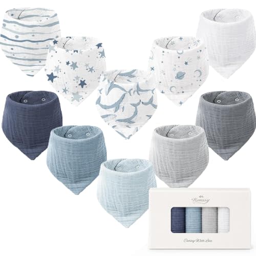 Konssy 10 Pack Baby Muslin Bandana Bibs for Drooling and Teething | 100% Cotton, 6-Layer Bibs, Pre-Washed Soft & Absorbent, Adjustable Neck Fit, Boys & Girls 0-36M