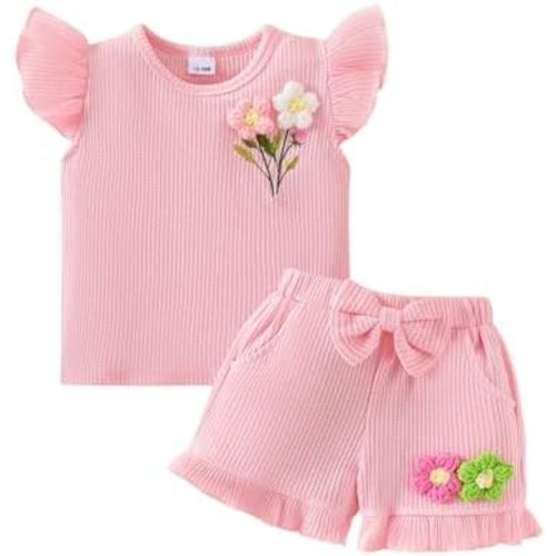 Toddler Baby Girl Clothes Summer Outfits Flutter Sleeve Flower Embroidered Tops and Shorts Set 12 Months - 5 Years
