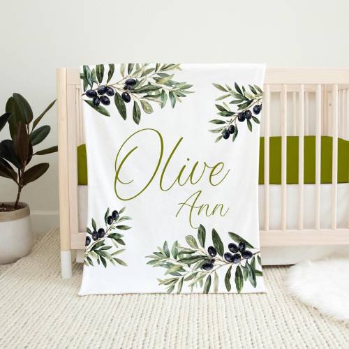 Olive Leaf Baby Blanket, Olives Blanket, Personalized Baby Blanket, Olives Nursery Theme, Baby Shower Gift, Italian Olive Baby Blanket F109