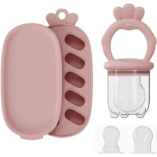 Baby Fruit Feeder with Freezer Tray Silicone Baby Teethers Food Feeder Freezer Popsicle Molds for Teething Relief (Pink)