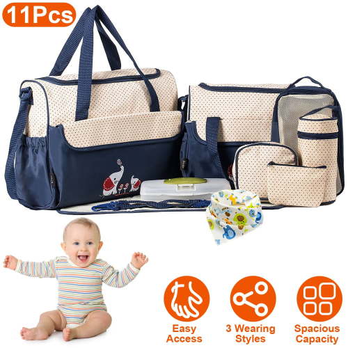 11Pcs Nappy Diaper Bag Set for Mom Dad Moclever Mummy Shoulder Bag Multifunctional Diaper Changing Handbag with Food Bag Bottle Bag Diaper Pad Burp Cloth 2 Hook Straps Navy Blue