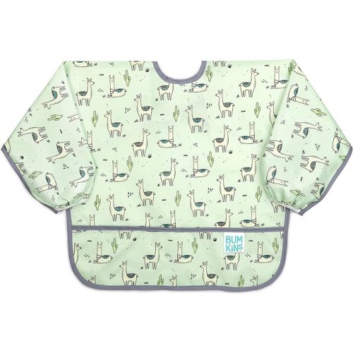 Bumkins Sleeved Bib Baby Bib, Toddler Bib, Smock, Waterproof Fabric, Fits Ages 6-24 Months - Llamas