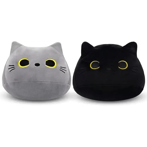 Bekrgwiy 2Pcs Black Cat Plush Toy Gray Cat Plush Toy Pillow, Soft Plush Doll Cat Plushie Cat Pillow, Stuffed Animal Cat Plush for Kids, Baby Plush Toys Cat Shape Design Sofa Pillow Decoration Doll