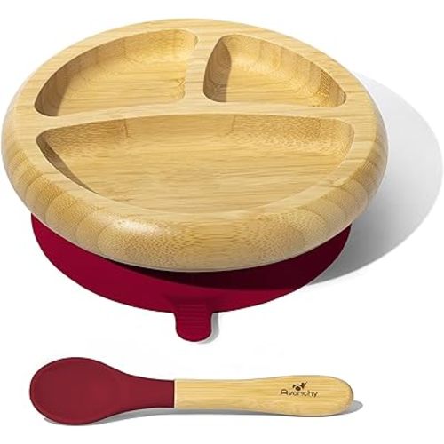 Avanchy Baby Plates Divided Bamboo with Suction for Babies Kids Toddler Food with Silicone Spoon for Feeding (Magenta)