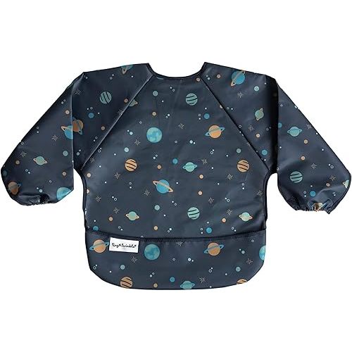 Tiny Twinkle Mess Proof Baby Bib, Cute Full Sleeve Bib Outfit, Waterproof Bibs for Toddlers, Machine Washable, Tug Proof Closure, Baby Smock for Eating, Long Sleeved (Space, Large 2-4 Years)