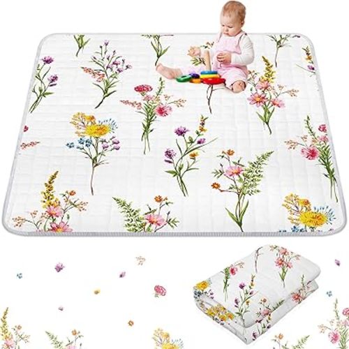 Wesiti Wildflower Portable Baby Play Mat 50 x 50 Washable Foldable Crawling Mat Non Slip Cushioned Kids Play Mats Pad for Floor Playpen Toddler Infants Tummy Time Activity