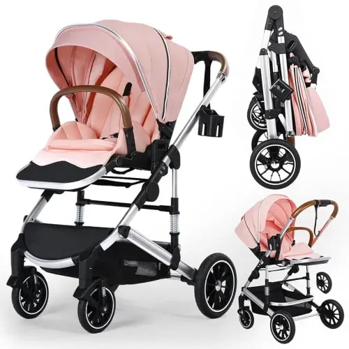 Kinder King Convertible Baby Stroller for Infant and Newborn, Foldable High Landscape Infant Carriage with Reversible Seat, Large Canopy, 5-Point Strap Anti-Shock Toddler Pushchair Stroller, Pinkish