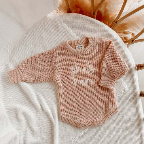 'She's Here' Pink Lemonade Long Sleeve Knit Romper (NB Pre-order Est dispatch mid-September)