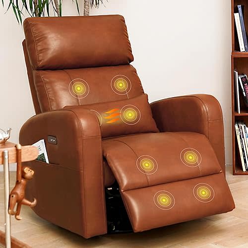 FLEXISPOT XR2-V2 Upgrated Recliner Chairs for Adults w/Massage & Heat, Power Faux Leather Swivel Rocker Recliner Chair w/Adjustable Headrest, Lumbar Support, USB Port, Saddle Brown