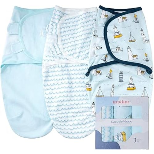 insular Swaddle Blanket, Baby Swaddle Wrap for Newborn and Infant, Adjustable Swaddle Set for Boy and Girl, Soft Cotton Baby Sleep Sack 3 Pack Medium(3-6 Month), Ocean