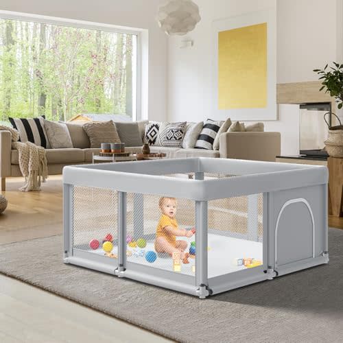 Fshibila 50" ×50" Baby Playpen, Baby Playard for Babies and Toddlers, Baby Fence Play Pens for Indoor & Outdoor, Sturdy Safety Play Yard with Soft Breathable Mesh, Anti-Fall, Grey
