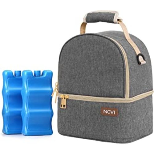NCVI Breastmilk Cooler Bag with 2 Ice Pack, Breast Pump Bag with Cooler Fits 6 Bottles, Double Layer Breast Milk Baby Bottle Cooler Bag, for Travel, Nursing Mom Daycare, Work, Picnic (Grey)