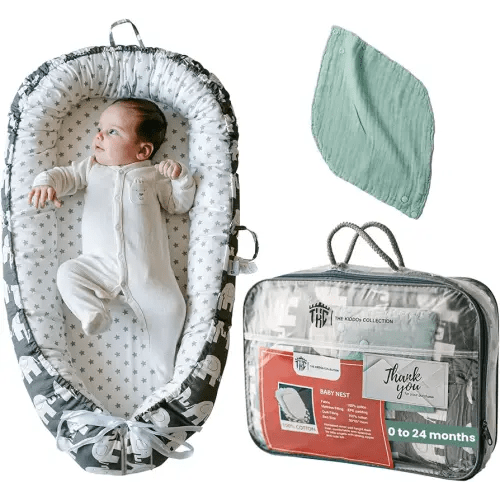 TKC Baby Lounger 0-24 Months | Adjustable Infant Lounger | Breathable Organic Cotton Cover | Reversible, Portable Baby Nest | Includes Bib | Elephant