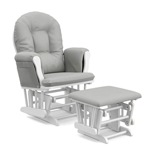 Storkcraft Premium Hoop Glider and Ottoman (White Base, Light Gray Cushion) – Padded Cushions with Storage Pocket, Smooth Rocking Motion, Easy to Assemble, Solid Hardwood Base - White/Light Gray - Hoop Glider And Ottoman