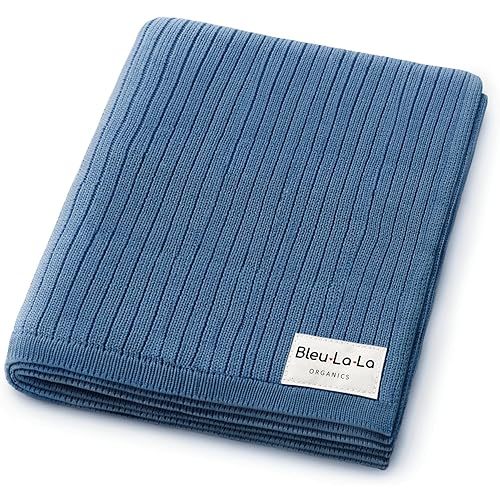 Organic Ribbed Swaddle Blanket for Boys & Girls - 100% Luxury Organic Soft Cotton Knit Warm Cozy Cuddle Stroller Crib Blanket for Newborns, Infants, & Toddlers (Denim Blue)