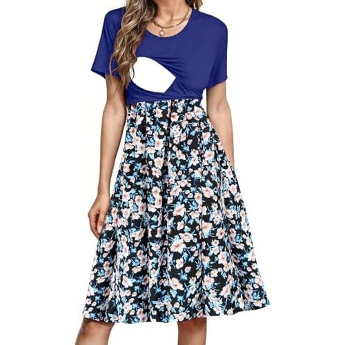 PARNIXS Women's Nursing Dress Summer Short Sleeve Patchwork Pregnancy Clothes with Pockets